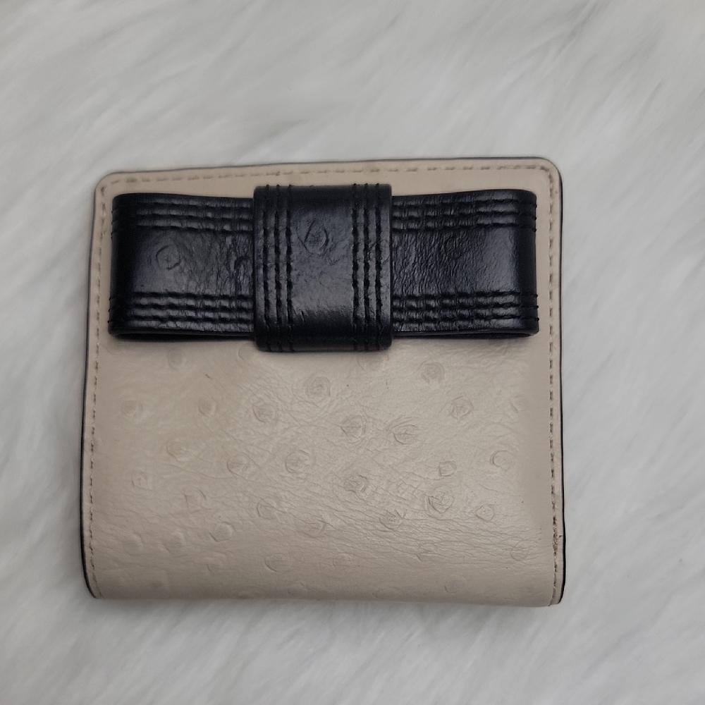 KATE SPADE Beige Valencia Road Serenade Bow Ostrich Textured Leather Snap Wallet
